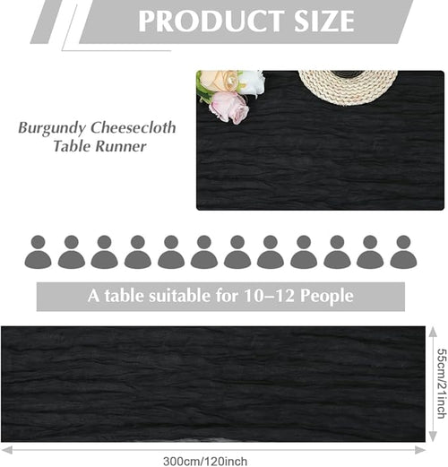 10 Pack Black Cheesecloth Table Runner -21*120Inch Long Boho Wedding Table Decor, Rustic Gauze Fabric Runner for Bridal Showers, Baby Showers & Parties (Sheer, Lightweight, Wrinkled Design)
