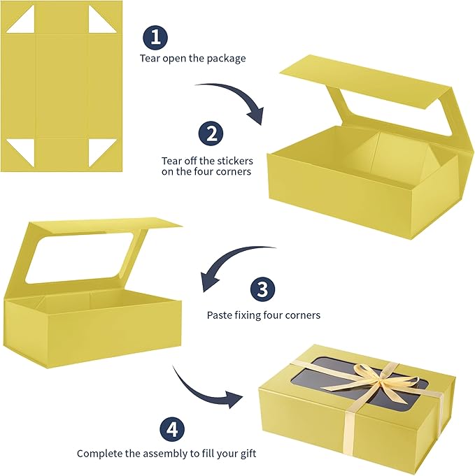 TIACABO Gold Large Gift Box with Window, 13.5"x9"x4.3" Bridesmaid Boxe for Gifts Giving,Birthday Gift Boxes with Magnetic,Closure Lid Gifts Box for Presents,Cute Boxe,Luxury for Gift Packaging