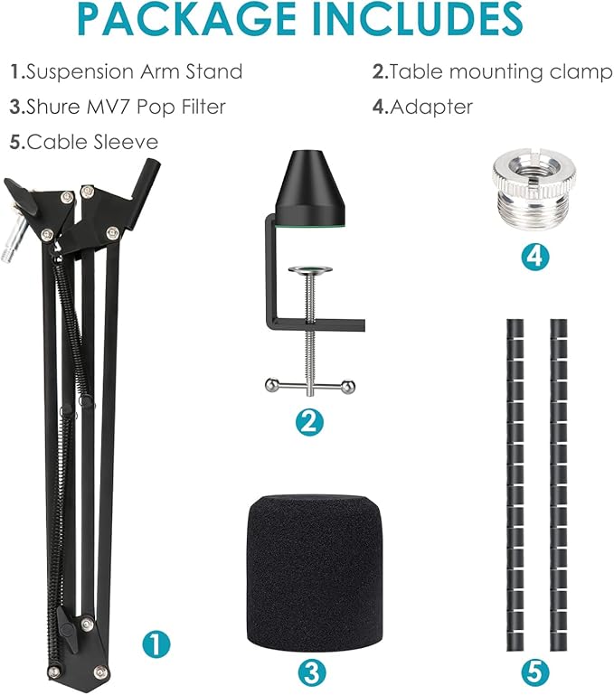 MV7 MV7X MV7+ Boom Arm - Mic Arm with Foam Cover Windscreen Compatible with Shure MV7 and Shure MV7X and Shure MV7+ Microphone with Pop Filter and 2 Cable sleeves by YOUSHARES