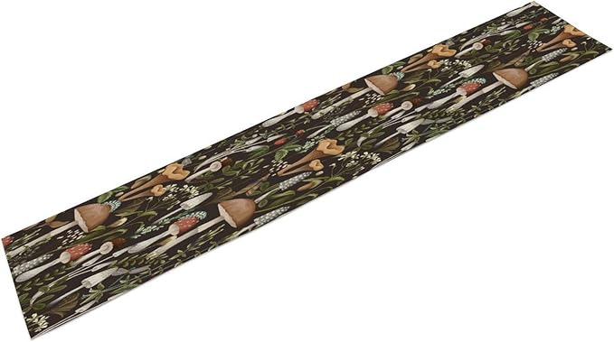Mushroom Table Runner,Retro Forest Wildflower Botanical Plants Flower Art Pattern Print Burlap Hotel Indoors Outdoor Dining Room Kitchen Holiday Party, 13x60in