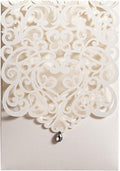 Hosmsua 50PCS White Wedding Invitations Kit 5 x 7.3 Inch Laser Cut Hollow Rose Rhinestone Pocket with Envelope for Quinceanera Bridal Shower Invite (White Ivory)