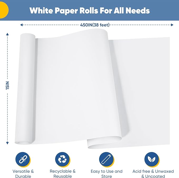 White Wrapping Paper Craft Paper Kraft Paper Roll 15" x 450", Bulletin Board Paper, Arts & Crafts, Gift Wrapping Packing Painting Drawing Paint Easel Poster Chart Decorative Paper, Kids Art Supplies