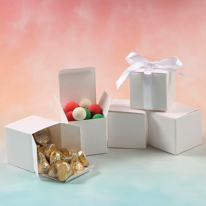 COTOPHER 60pcs Small Gift Boxes, Favor Boxes 2x2x2 inches Paper Gift Boxes with Ribbons Candy Box for Wedding Favors Baby Shower Bridal Shower Birthday Party (White)