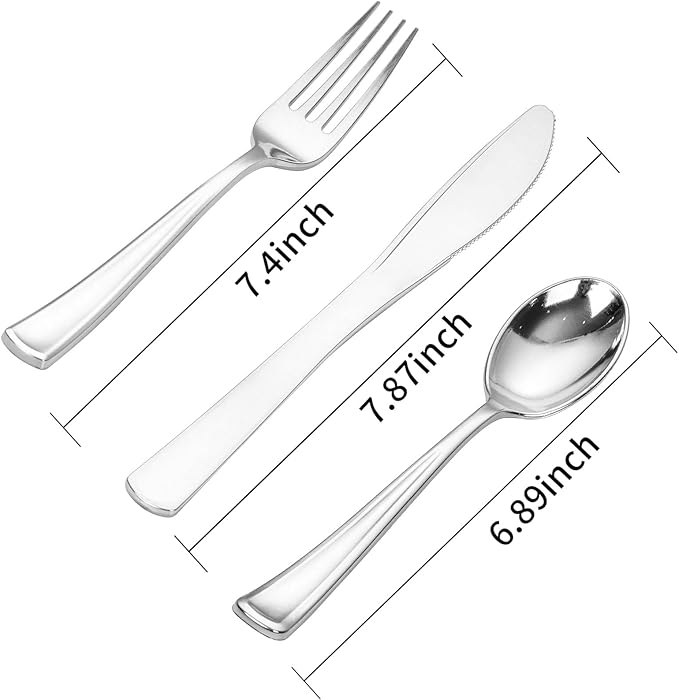 SUT 600PCS Silver Plastic Silverware, Plastic Silverware Heavy Duty, Disposable Cutlery, 200 Forks,200 Spoons, 200 Knives for Party