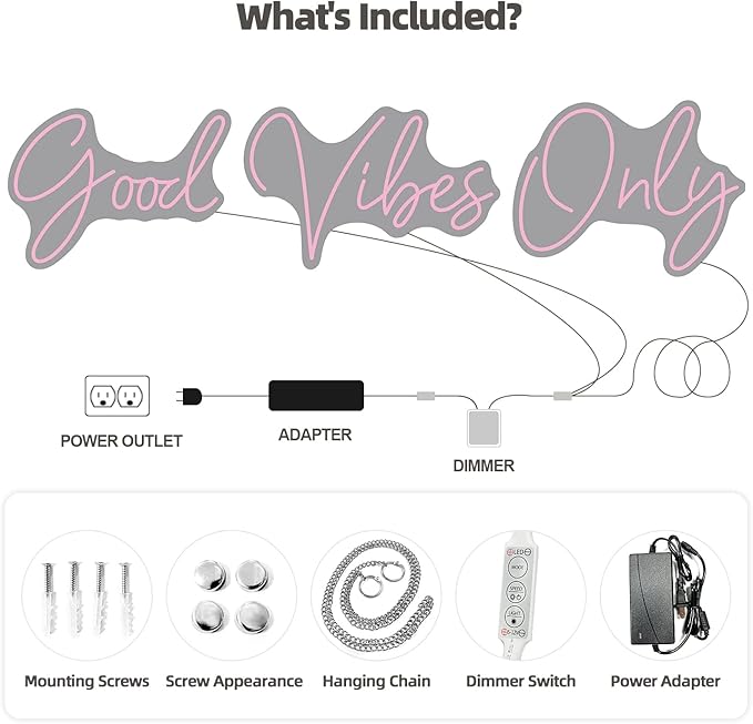 Good Vibes Only Neon Signs for Wall Decor -56.57" x 13.5" Pink large Neon Sign LED Art Decorative Lights with Dimmable for Bedroom Home, Club Bar and Party Decor