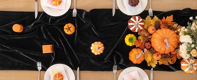 Black Velvet Table Runner Fall Halloween Black Table Runner 20 x 120 Inch Luxurious Elegant Velvet Fabric Thanksgiving Table Decorations for Christmas Dinner Wedding Bridal Baby Shower