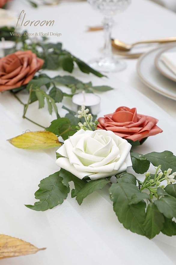 Floroom Artificial Flowers 50pcs Real Looking Ivory Foam Fake Roses with Stems for DIY Wedding Bouquets White Baby Shower Centerpieces Floral Arrangements Party Tables Home Decorations