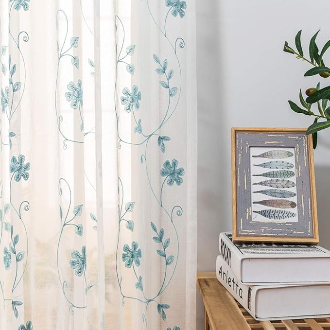 Floral Embroidery Sheer Curtains Blue 63 Inches, Rod Pocket Voile Drapes for Living room, Bedroom, Window Treatments Semi Crinkle Curtain Panels for Yard, Patio, Villa, Parlor, Set of 2, 52"x 63".