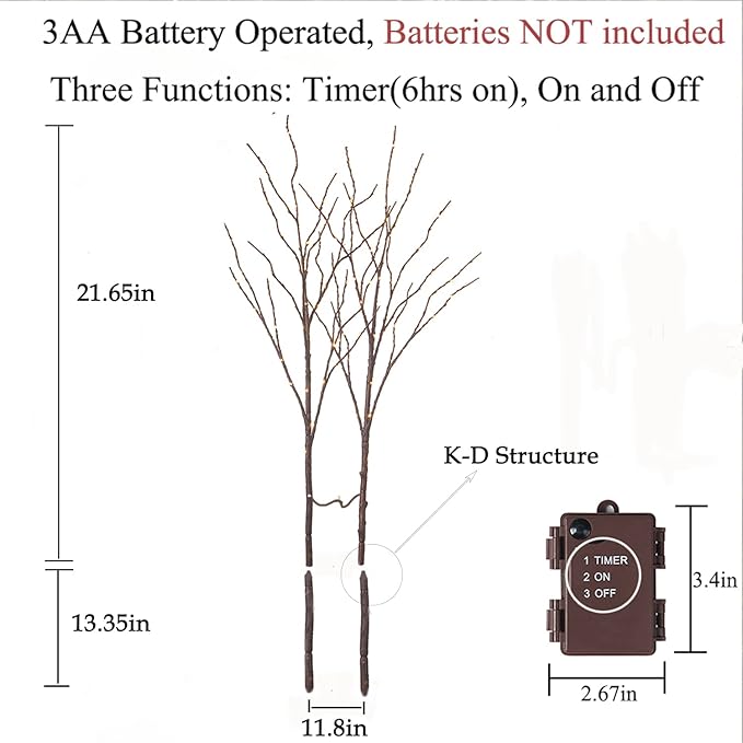 Hairui Lighted Brown Branches Battery Operated with Timer 30IN 100 LED Fairy Lights, Willow Branch Lights for Home Bedroom Fireplace Christmas Holiday Decoration Indoor Outdoor Use (Vase Excluded)