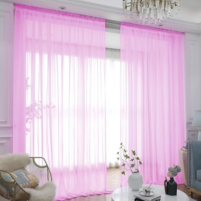 Window Pink Sheer Curtains 130 Inches Long 2 Panels Sheer Curtain Basic Rod Pocket Panel for Bedroom Children Living Room Yard Kitchen (Pink, 52" W x 130" L | 2 pcs)