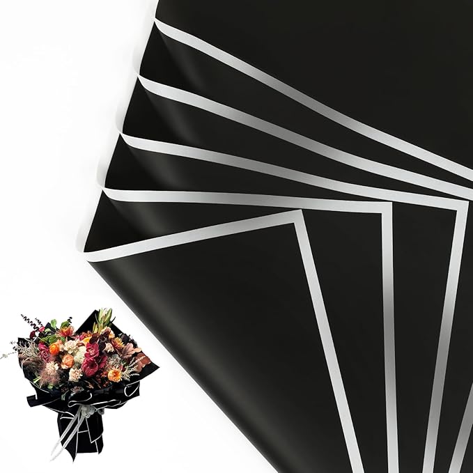 NESCCI 20 Sheet Flower Wrapping Paper - Waterproof Floral Bouquet Wrapping Paper, Florist Supplies Packaging Paper for Wedding Birthday Gift DIY (Dark Black)