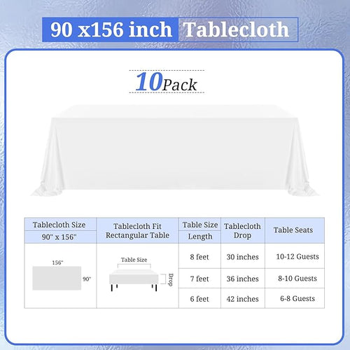 10 Pack Polyester Tablecloths, White 90 x 156 Inch Polyester Table Cloth for 8 Foot Rectangle Tables, Stain and Wrinkle Resistant Washable Fabric Table Cover for Wedding Banquet Restaurant Party