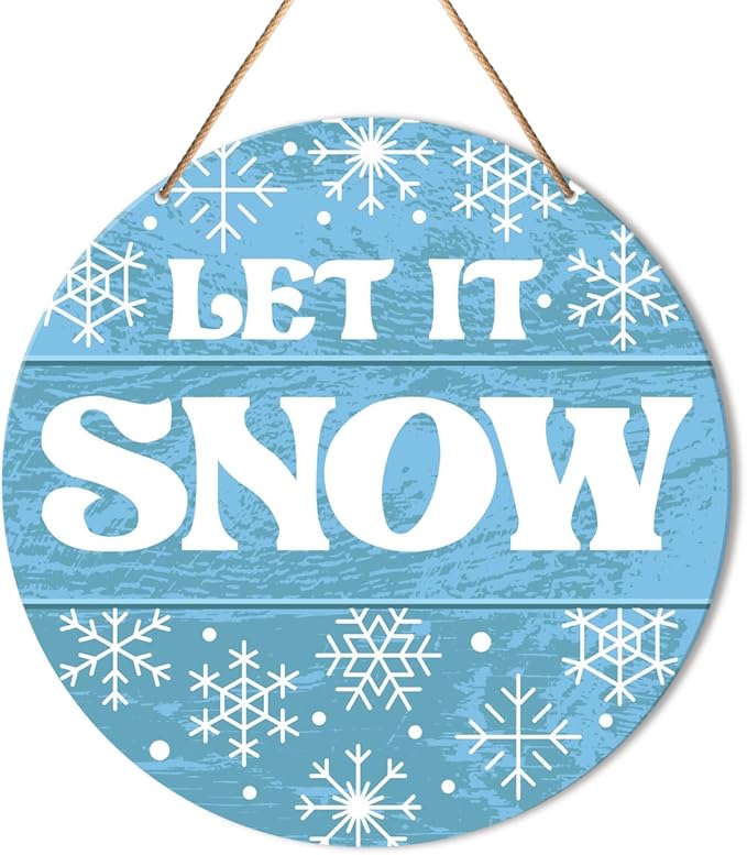 Muktoujaumai Winter Sign Front Door Decor, Christmas Round Hanging Sign Decor Snowflake Xmas Holiday Wall Decorations Winter Wood Sign for Door, Porch, Home, Let It Snow