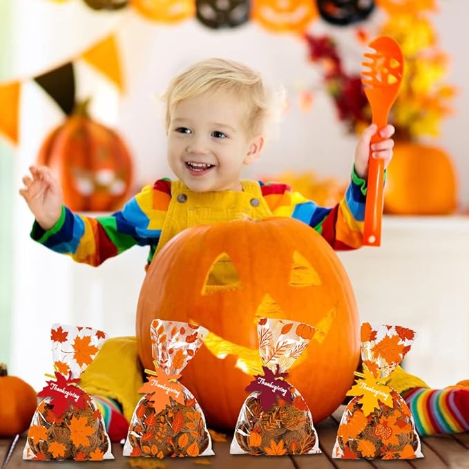 YUJUN 120 PCS Fall Cellophane Treat Bags,Maple Leaves Gift Goodie Candy Autumn Clear Cello Bags with 60 Pieces Maple Leaves Tags for Fall Autumn Thanksgiving Theme Party Favor Supplies(4 Styles)