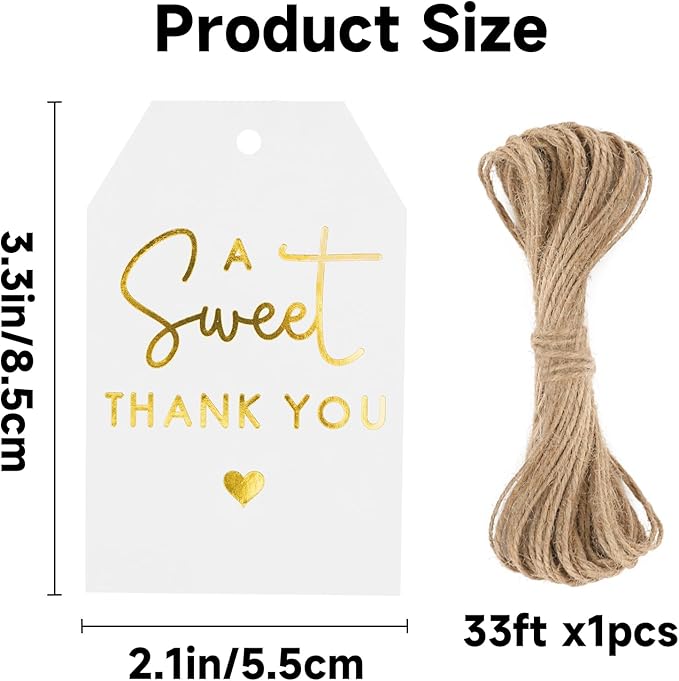 A Sweet Thank You Tags, joycraft 50Pcs Gold Thank You Gift Tags with String, 3x2 in White Kraft Paper Gift Tags, Sweet Thank You Tags for Wedding, Baby Shower, Birthday, Anniversary, Gift Wrap