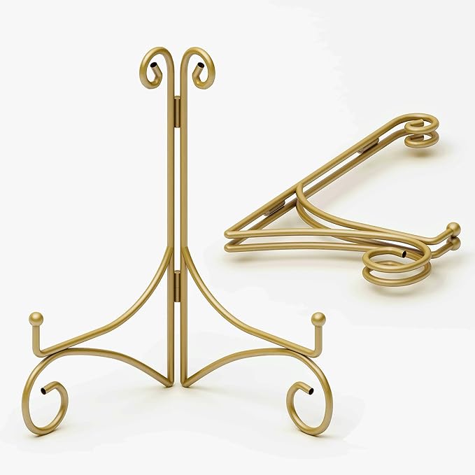 Plate Display Stands with Hinged Folding Design, 8 Inch Picture Frame Stand for Tables, Decorative Easels for Plates, Photos, Cards and Books, 8’’ Gold, 2-Pack