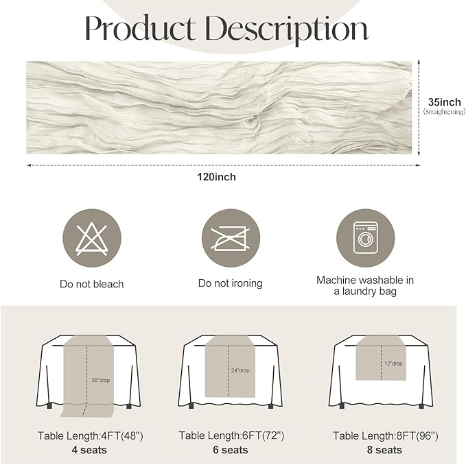 2 Pcs Ivory Cheesecloth Table Runner - 120 inch 10FT Boho Rustic Gauze Cheese Cloth Table Runner Decor for Spring Summer Party Wedding Birthday Baby Bridal Shower Home