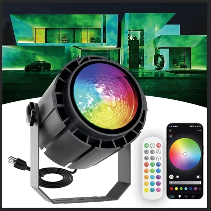 Water Wave Projector with APP & RF Control, IP65 Waterproof Smart Outdoor Lights, 1-100% Dimmable Color Changing, Music Sync & Flame Effect for Pool Party, Ocean Ripple Landscape Lighting