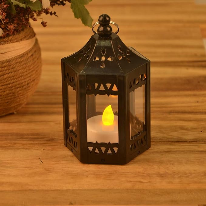 zkee Mini Star Lantern with Flickering LED,Battery Included,Christmas Decorative Indoor Candle Lantern（Set of 8,Black）