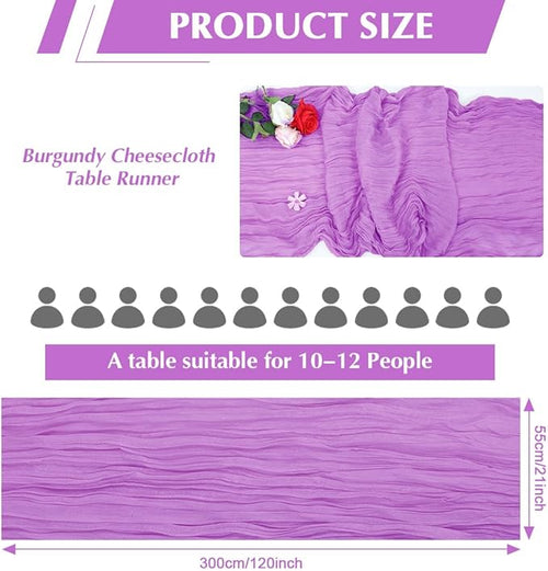 10 Pack Light Purple Cheesecloth Table Runner -21*120Inch Long Boho Wedding Table Decor, Rustic Gauze Fabric Runner for Bridal Showers, Baby Showers & Parties (Sheer, Lightweight, Wrinkled Design)