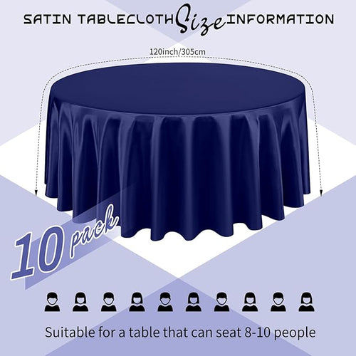 10 Packs Satin Tablecloth 120 Inch Navy Blue Round Table Cloth Silk Tablecloth Smooth Fabric Overlay Satin Table Cover Decoration for Wedding Party Banquet Events