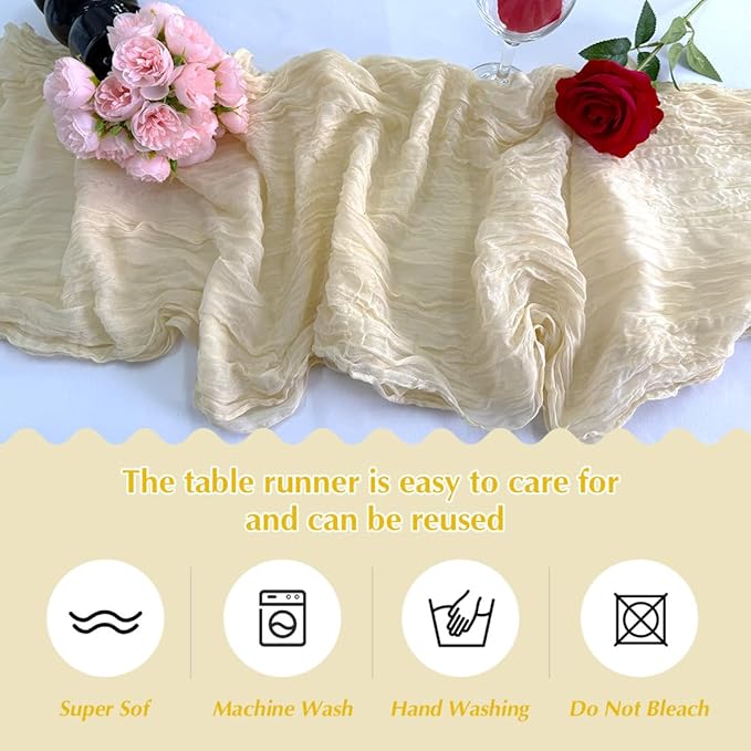 10 Pack Beige Cheesecloth Table Runner -21*120Inch Long Boho Wedding Table Decor, Rustic Gauze Fabric Runner for Bridal Showers, Baby Showers & Parties (Sheer, Lightweight, Wrinkled Design)