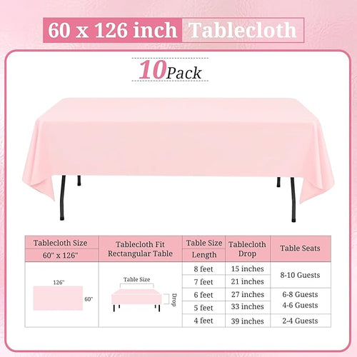 10 Pack Pink Tablecloths for 8ft Rectangle Tables 60 x 126 Inch - Polyester Table Cover Stain and Wrinkle Resistant Washable Fabric Table Clothes for Wedding Party Banquet Reception Restaurant