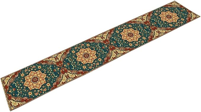 Boho Rich Table Runner, Vintage Blue Teal Gold Retro Flower Rustic Country Style Floral Print Pattern for Home Kitchen Table Decor Dining Coffee Room Garden Party Decor 13x108in