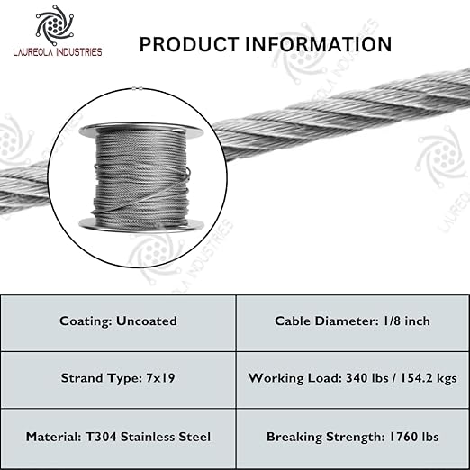 Laureola 1/8" 7x19 Stainless Steel Aircraft Wire Rope 304 Grade (100ft)