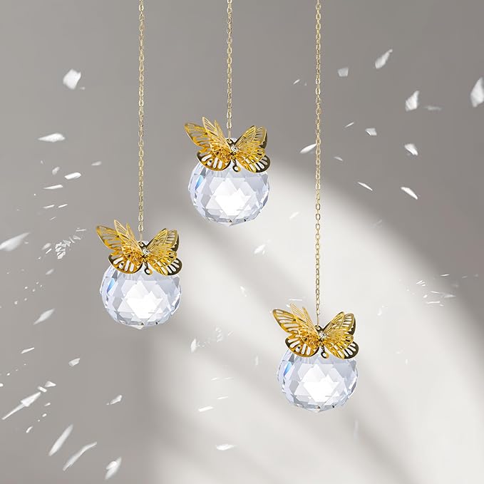 Crystal Suncatchers Gold Butterfly 40mm Crystal Prisms Ball Rainbow Maker with Chain for Window Hanging Decoratioin 3 Pack