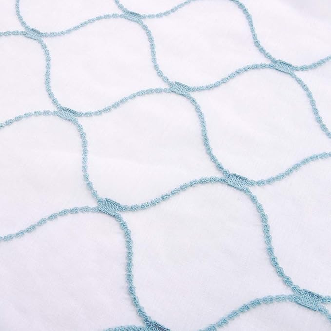 Embroidery Sheer Curtains Blue 63 Inches, Rod Pocket Voile Drapes for Living room, Bedroom, Window Treatments Wave Diamond Semi Crinkle Curtain Panels for Yard, Patio, Villa, Set of 2, 52"x 63".