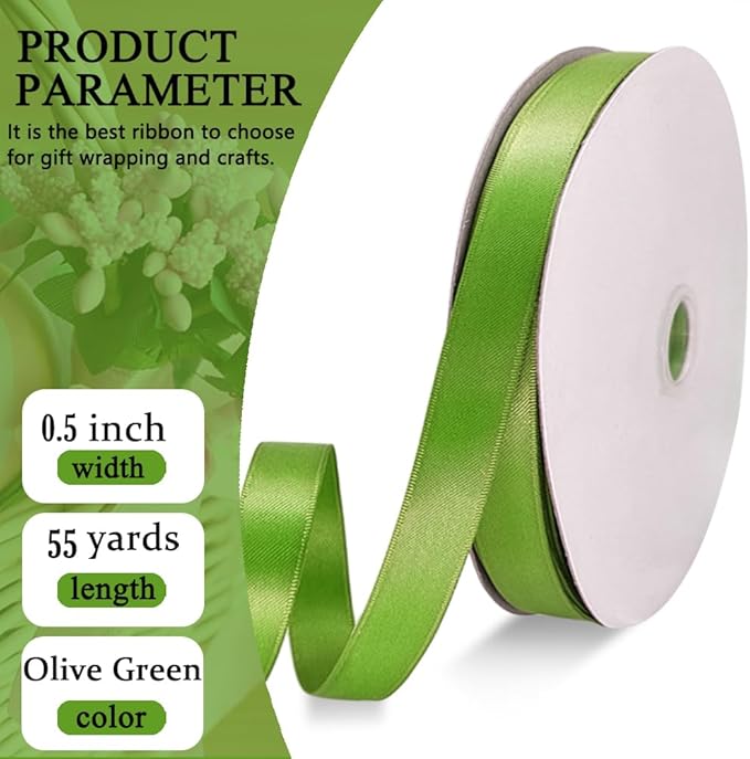 Olive Green Satin Ribbon Double Faced Satin 1/2 inch x 55Yards Polyester Ribbon for Gift Wrapping Crafts Wedding Decoration Bows Ornaments Party Bouquet Floral Arrangement