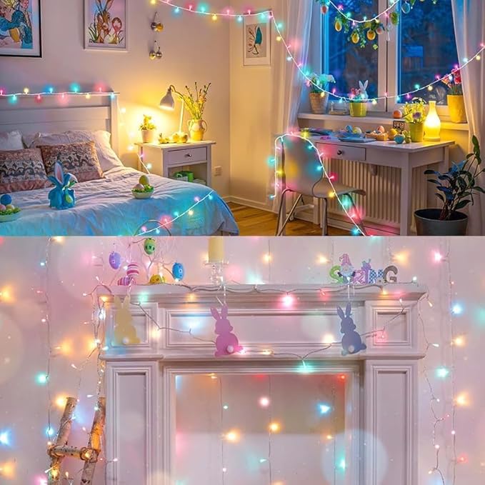 LAMPHOME 100 LED Easter String Lights, 33 FT Colorful Connectable Waterproof String Lights Clear Wire with 11 Modes, Easter Decorations for Indoor Outdoor Party Yard Garden (Multicolor)