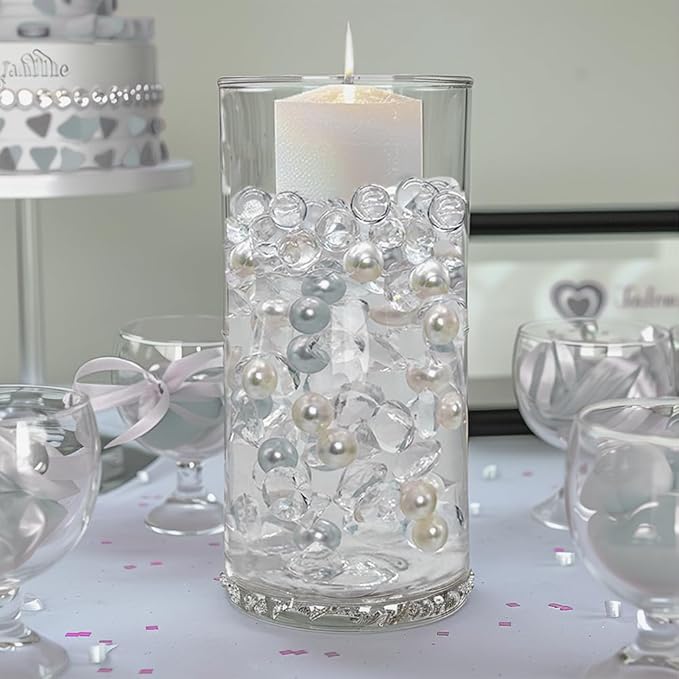 HappyFiller 1075 PCS Floating Pearl Beads,Marbles for Vases Fillers,Wedding Centerpiece,Ivory Faux Pearls Fake Crystal Diamonds and 10g Clear Water Beads,Table Scatters,Party Decoration 14 OZ