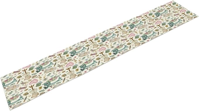 Sewing Theme Table Runner,Vintage Sewing Machine Tool Watercolor Pattern Print Tablecloth Burlap for Hotel Indoors Outdoor Dining Room Kitchen Home Decor,W13X L70 in