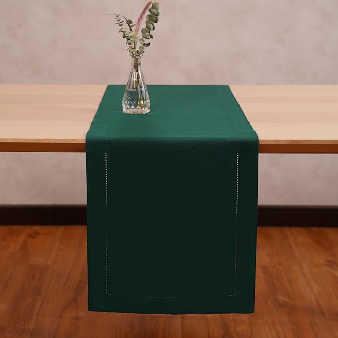 Green Table Runner 48 Inch – Cotton Linen Hemstitch Farmhouse Table Runner 14x48 – Washable Fabric for Dining Table, Spring, Summer, Wedding, Christmas, Everyday Décor – Serena