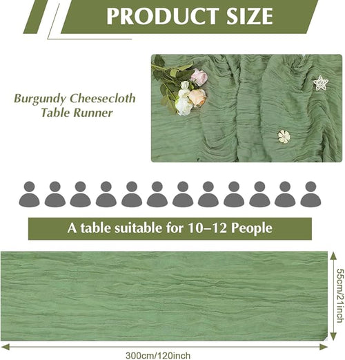 10 Pack Olive Green Cheesecloth Table Runner -21*120Inch Long Boho Wedding Table Decor, Rustic Gauze Fabric Runner for Bridal Showers, Baby Showers & Parties (Sheer, Lightweight, Wrinkled Design)