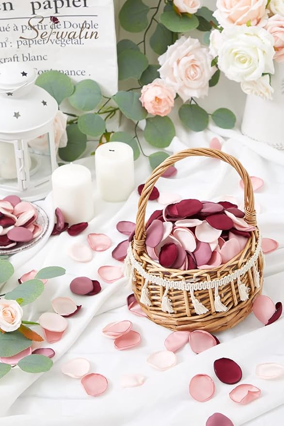 Serwalin 300pcs Silk Rose Petals Artificial Flower Petals for Weddings Burgundy Pink Petals Fake Petals Flower Girl Petals for Proposal Basket Aisle Runner Bridal Shower (4 Color Mixes)