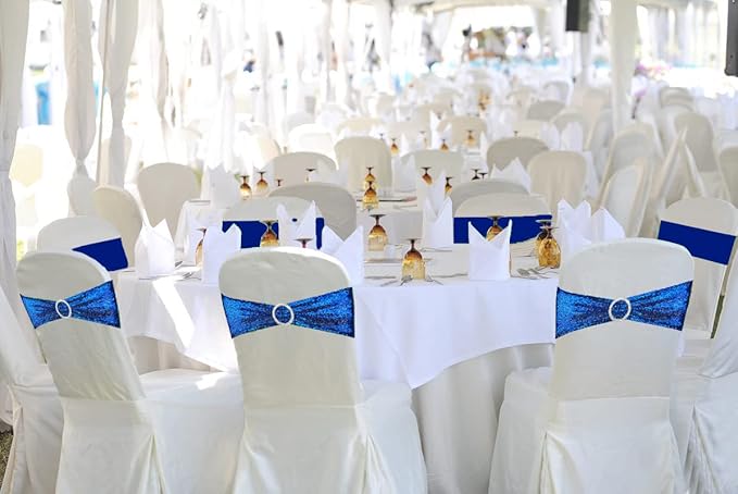 10 Pcs Chair Sashes Sequin Stretch Chair Bands Spandex Polyester Bows for Party Hotel Wedding Banquets Decoration - Royal Blue