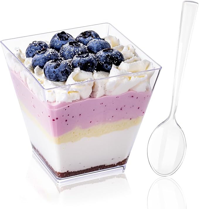 YOUBET 102 PCS Plastic Dessert Cups - 8oz Clear Square Cups - 51 Pack Mini Appetizer Cup with Tasting Spoons for Pudding, Fruit, Yogurt Parfait and Ice Cream