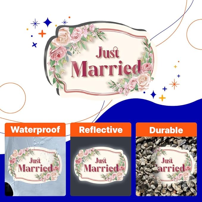 GEEKBEAR Just Got Married Car Magnet (2 Pack) - 13 x 8.7 in (Pink Ribbon)
