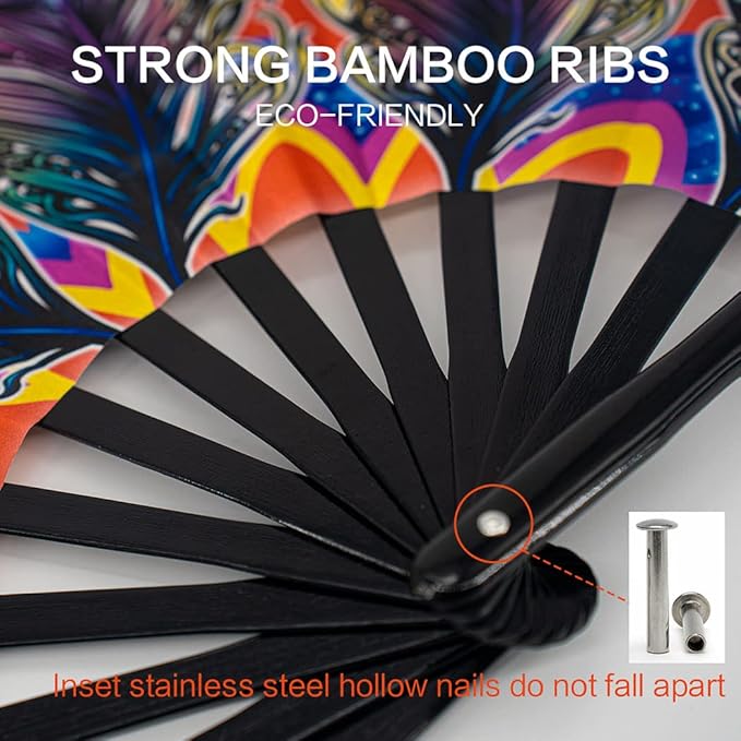 13" Large Rave Fan Bamboo, Folding Clack Hand Fans Foldable for Men Women, Boots on the Ground Poping Fan for EDM Festival Line Dance Decoration, (Peacock, Large 13")