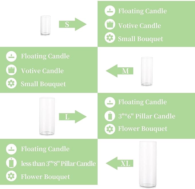 Glasseam Cylinder Vases Set of 12, Hurricane Candle Holder Clear Assorted Sizes, Modern Glass Cylinder Vase, Glass Vases for Centerpieces for Home Decor Wedding Centerpieces, Events, 6''+7.8''+10''