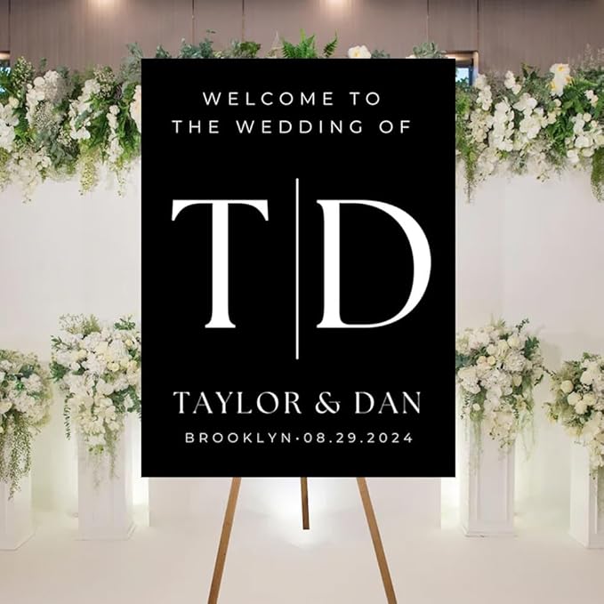 Elegant Custom Wedding Welcome Sign With Stand - Black, Minimalist Design