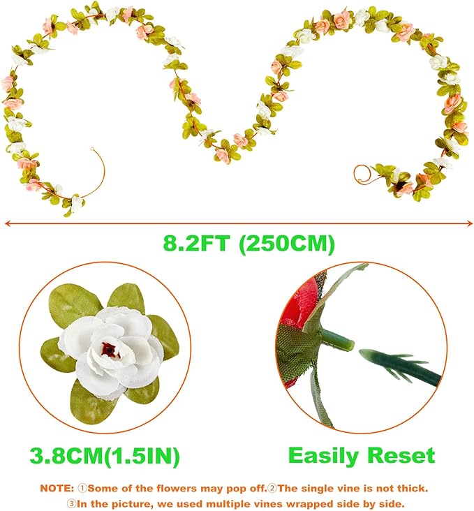 8 Pcs x 8.2 ft Flower Garland Artificial Rose Vine Flowers with Green Leaves Hanging Fake Roses Vine for Room Party Home Wedding Birthday Christmas Wall Arch Decor, Champagne Flower