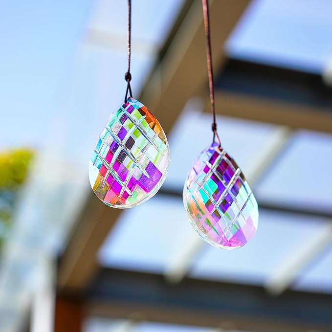HDCRYSTALGIFTS Set 2 Crystal Sun Catcher Prisms Pendant for Window Hanging Decor,3inch AB Colored Crystal Suncatchers Rainbow Maker Light Catcher for Home Indoor Garden Ornament
