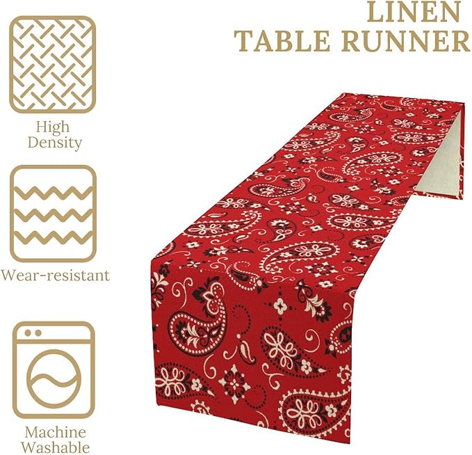 Paisley Table Runner, Boho Vintage Western Red Paisley Flower Print Table Runner for Kitchen Dining Table Wedding Holiday Party Decor, 13x70inch