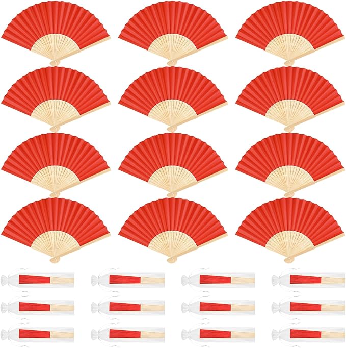 12 Pieces Red Hand Held Bamboo Folding Fans Paper Fans Handheld for Women Foldable Girls Wedding DIY Decoration Church Home Party Favors Summer