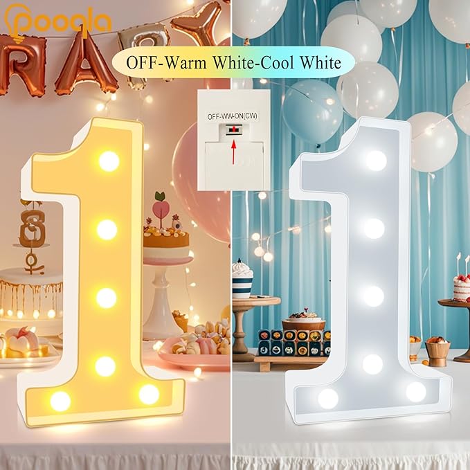 Pooqla LED Light Up Numbers, Warm White and Cool White Decorative Lighted Marquee Numbers, Light Up Numbers for Boys Girls Party, Wedding, Bar, Night Light, Room Decor, Birthday Decoration, Number 2