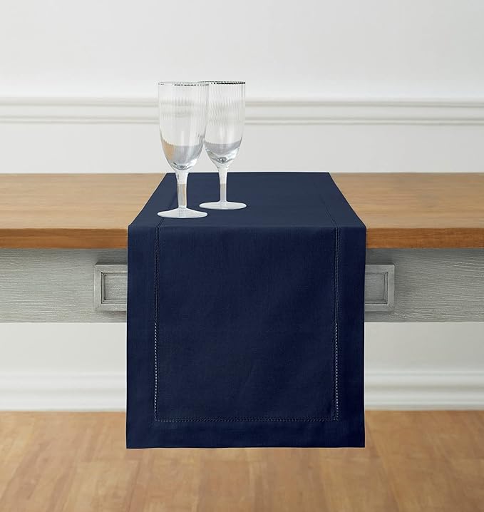 Solino Home Navy Blue Table Runner 108 Inches Long - Cotton Linen Hemstitch 14 x 108 Inch Table Runner for Dining, Fall, Autumn, Thanksgiving, Holiday